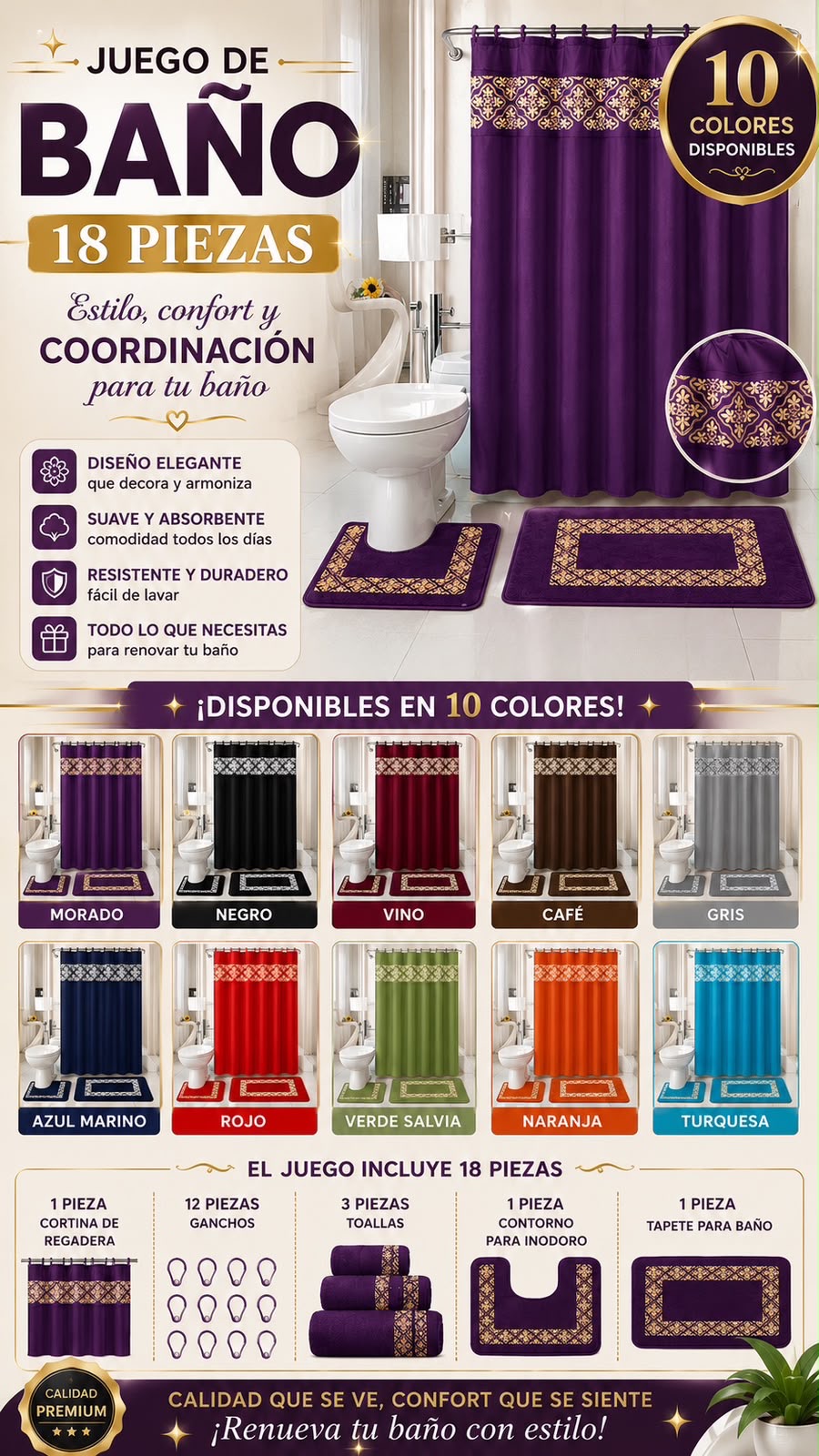 Juego de Baño 18 Piezas - 10 colores